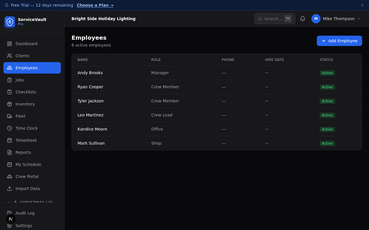 Crew management — crew members, GPS clock-in status, and active assignments