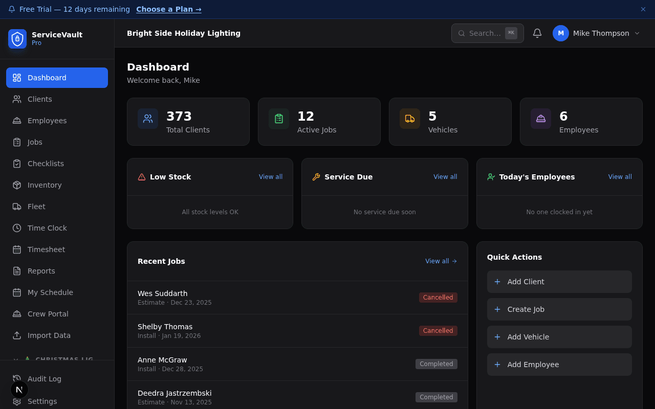 ServiceVault Pro Dashboard — jobs, crew, revenue, and activity at a glance