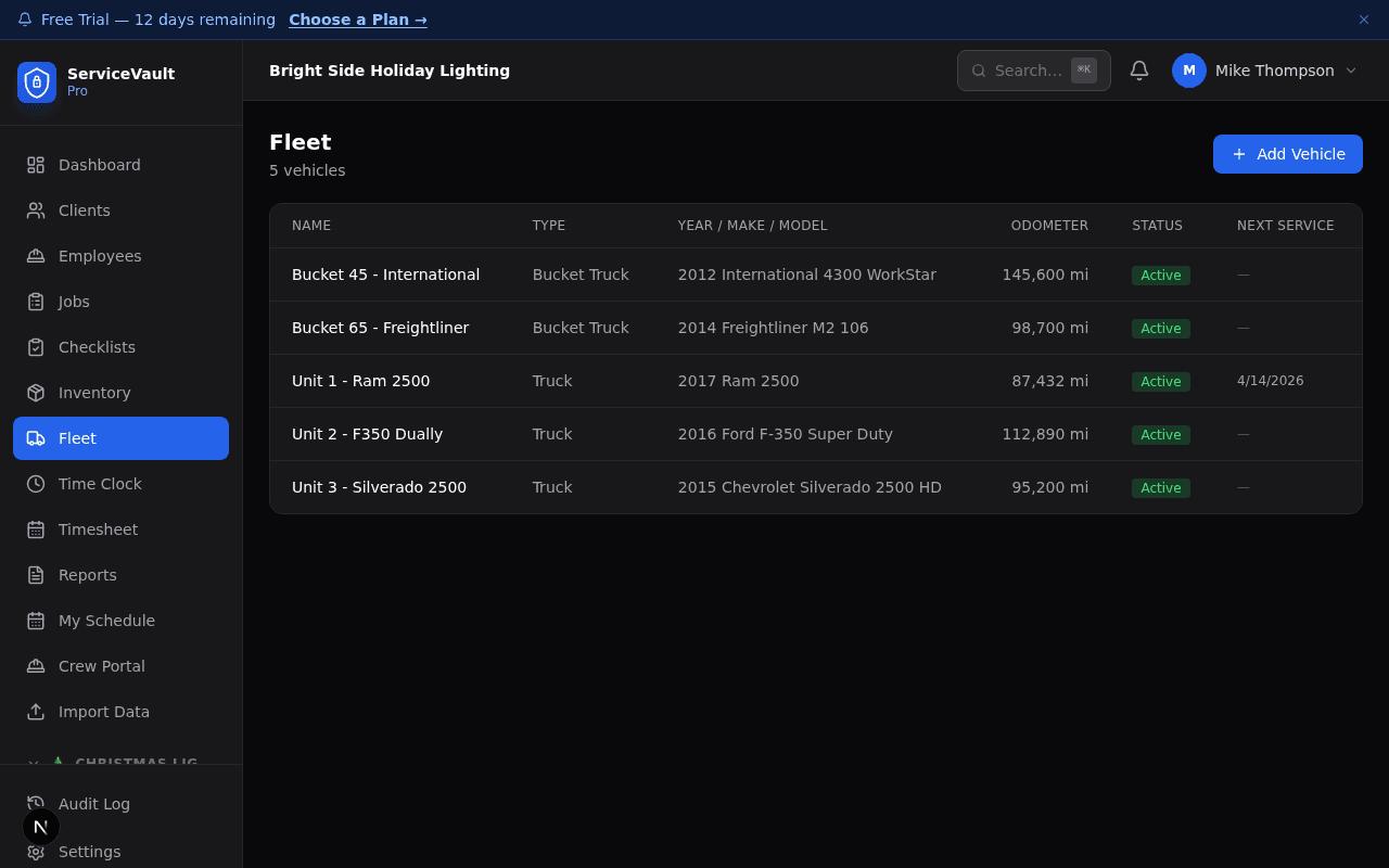 Fleet dashboard with vehicle assignments, maintenance alerts, and inspections