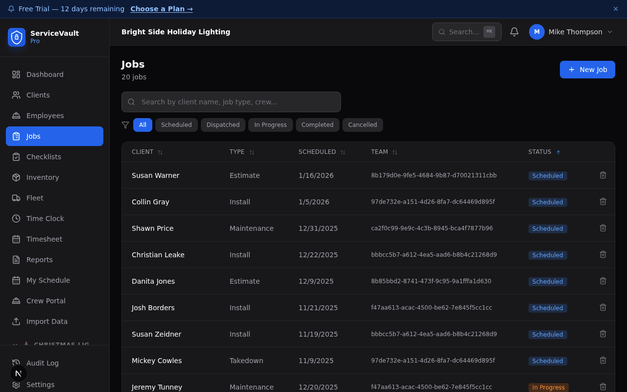 Jobs list — all active jobs with status, client, crew, and scheduled date