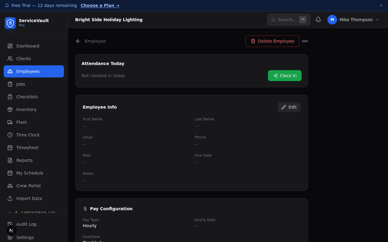 Crew timesheet with GPS clock-in, weekly hours, and overtime tracking
